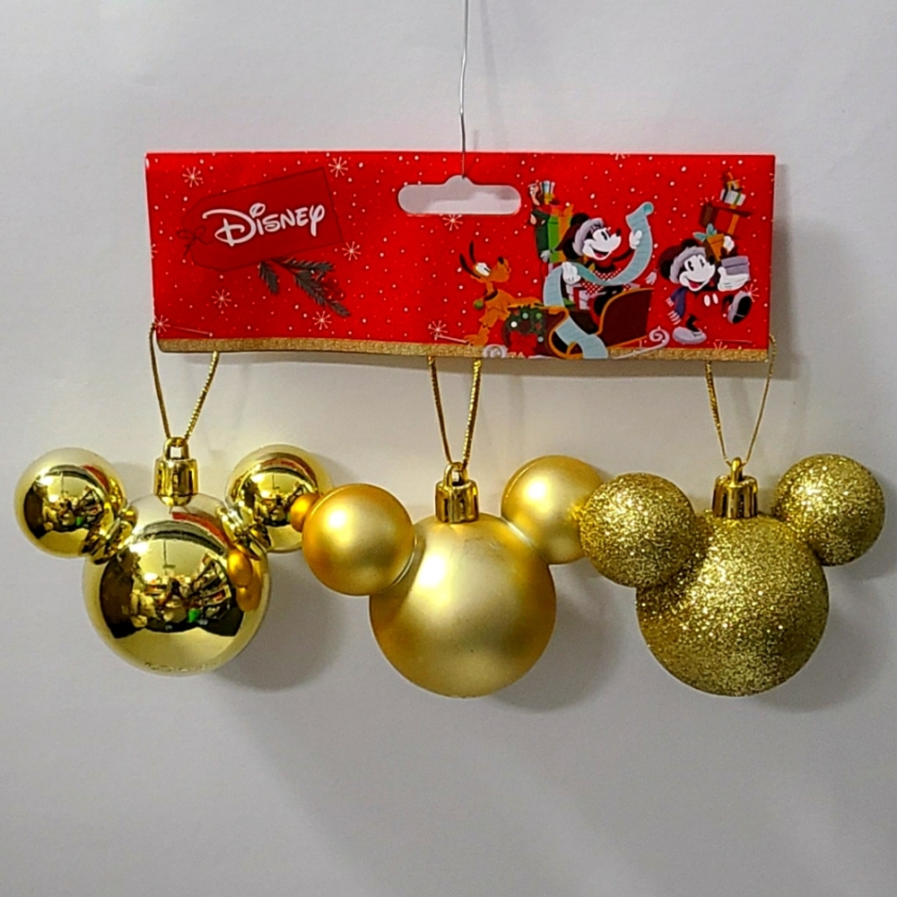 Disney Mickey Mouse Christmas Ornaments 3pz Gold
